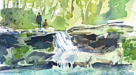 Aquarel·la amb una vista de la Gorga Blava, dins el terme de Camós.