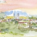 Aquarel·la amb una panoràmica de Mafra, amb el palau al fons.