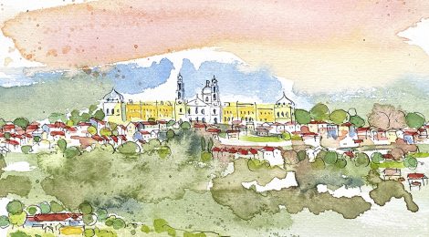 Aquarel·la amb una panoràmica de Mafra, amb el palau al fons.
