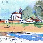 Aquarel·la amb una panoràmica de l'església de Sant Julià de Palou.