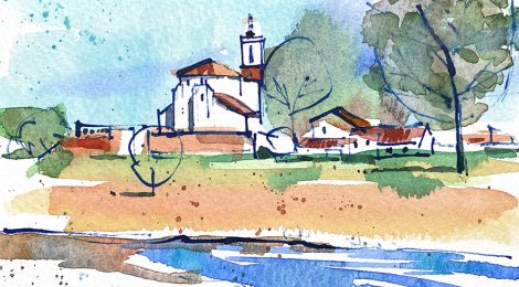 Aquarel·la amb una panoràmica de l'església de Sant Julià de Palou.