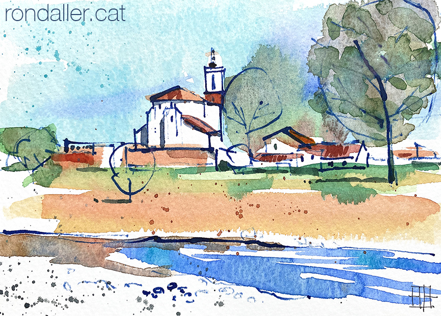 Aquarel·la amb una panoràmica de l'església de Sant Julià de Palou.