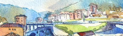 Aquarel·la amb una panoràmica de Sant Martí de Centelles.