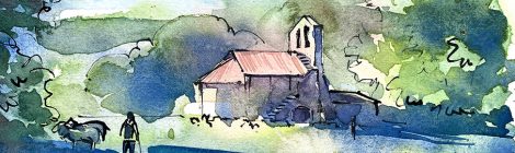Aquarel·la amb una panoràmica de l'església romànica de Sant Valentí de Salarsa.