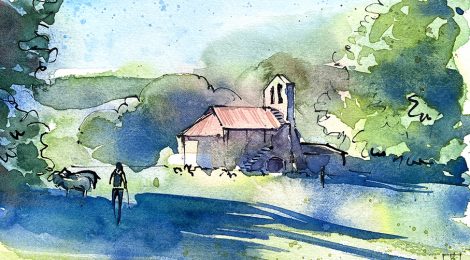 Aquarel·la amb una panoràmica de l'església romànica de Sant Valentí de Salarsa.