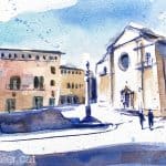 Aquarel·la de la creu de terme de Tàrrega situada a la plaça Major.