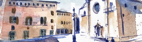 Aquarel·la de la creu de terme de Tàrrega situada a la plaça Major.