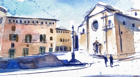 Aquarel·la de la creu de terme de Tàrrega situada a la plaça Major.