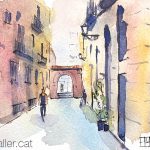 Aquarel·la amb una vista del carrer de la Verge, amb l'arc de l'antic monestir.