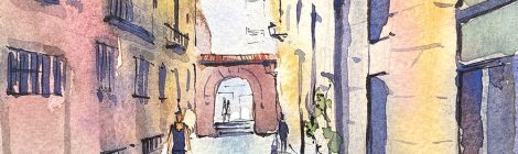 Aquarel·la amb una vista del carrer de la Verge, amb l'arc de l'antic monestir.