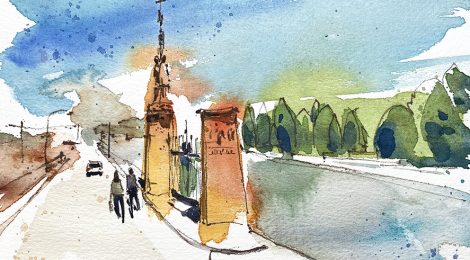 Aquarel·la amb una panoràmica del recinte funerari.