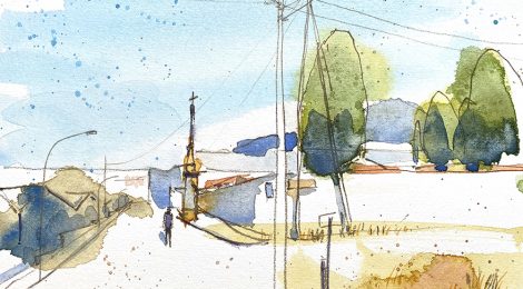 Aquarel·la amb una panoràmica del carrer i el mur del recinte funerari.