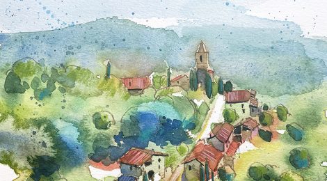 Aquarel·la amb una panoràmica de nucli de Les Encies, a la Garrotxa.