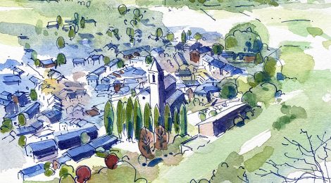 Aquarel·la amb una panoràmica de la vila de Llívia.