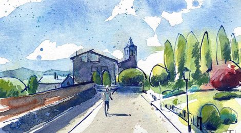 Aquarel·la amb una vista de Llívia amb l'església al fons.