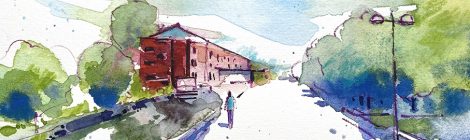 Aquarel·la amb una panoràmica del Museu del Ter a Manlleu.