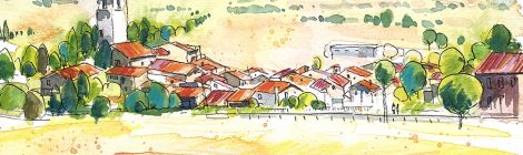 Aquarel·la amb una panoràmica de Sant Martí Sesgueioles.