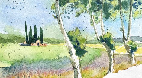 Aquarel·la amb una panoràmica del cementiri de Vilalleons.