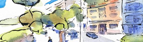 Aquarel·la amb una panoràmica del passeig de Mestrança.