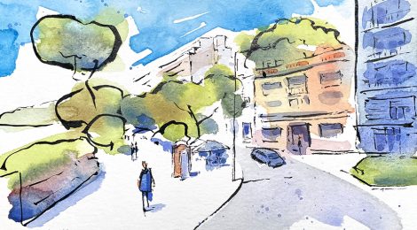 Aquarel·la amb una panoràmica del passeig de Mestrança.