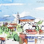 Aquarel·la amb una panoràmica de Caldes d'Estrac.