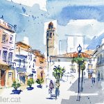 Aquarel·la de la plaça de la Constitució de Calella.