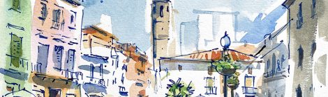 Aquarel·la de la plaça de la Constitució de Calella.