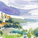 Aquarel·la amb una panoràmica de la població de Cargèse.