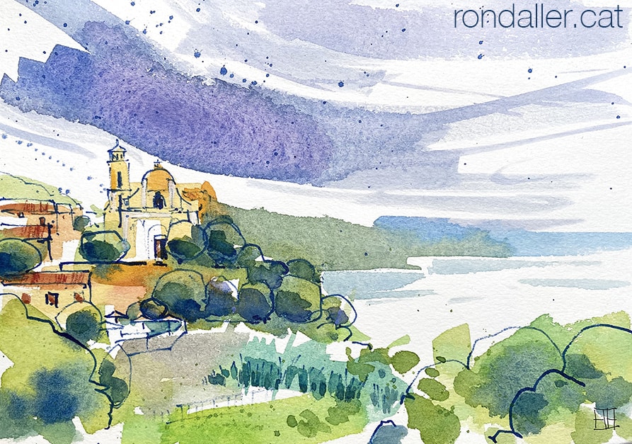 Aquarel·la amb una panoràmica de la població de Cargèse.