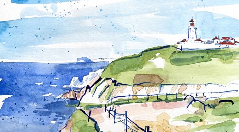 Aquarel·la amb una panoràmica dels penyasegats del Cabo da Roca.