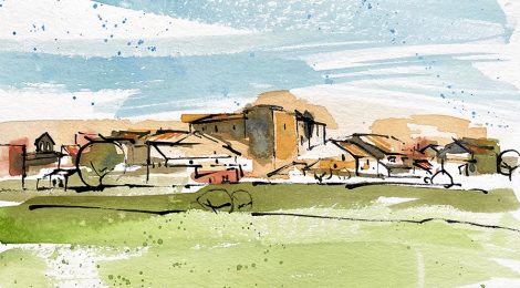 Aquarel·la amb una panoràmica de la població de Concabella.