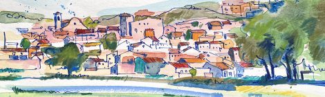 Aquarel·la amb una panoràmica de la població de Les Oluges.