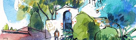 Aquarel·la amb una vista de l'ermita de Sant Llop a Riells i Viabrea.