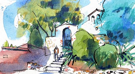 Aquarel·la amb una vista de l'ermita de Sant Llop a Riells i Viabrea.