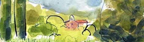 Aquarel·la amb una panoràmica de l'església de Santa Eugènia del Congost.
