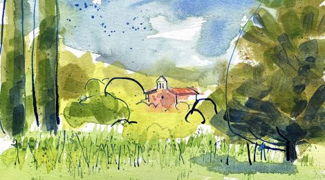 Aquarel·la amb una panoràmica de l'església de Santa Eugènia del Congost.
