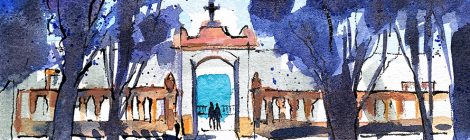 Aquarel·la del portal d'entrada del cementiri d'Arenys de Mar.