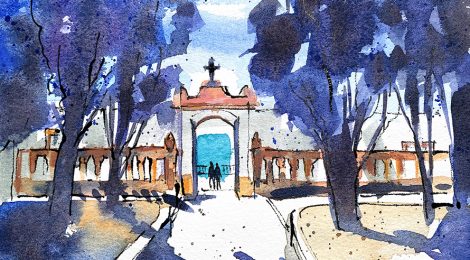 Aquarel·la del portal d'entrada del cementiri d'Arenys de Mar.