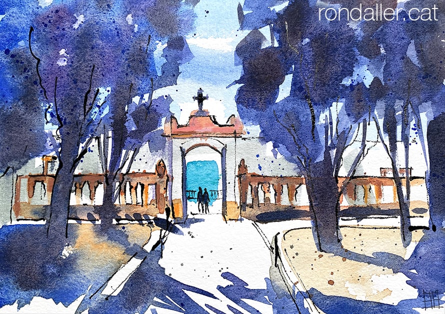 Aquarel·la del portal d'entrada del cementiri d'Arenys de Mar.