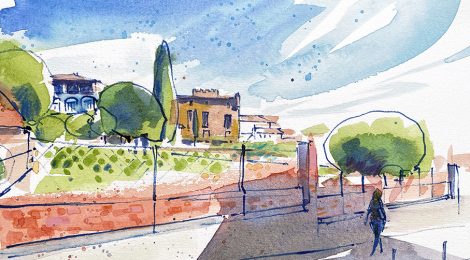 Aquarel·la amb una vista del castell de Centelles.