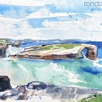 Aquarel·la amb una panoràmica de la Praia das Catedrais.