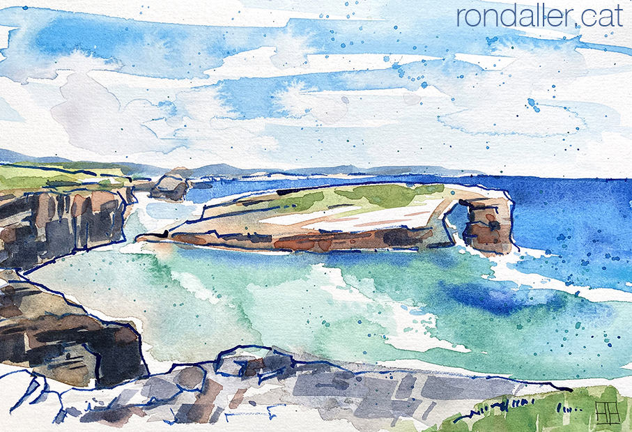 Aquarel·la amb una panoràmica de la Praia das Catedrais.