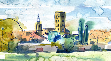 Aquarel·la amb una panoràmica de Breda i del monestir de Sant Salvador.