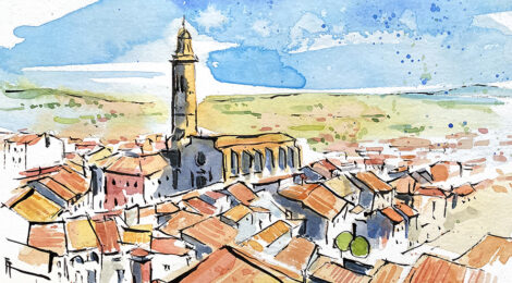 Aquarel·la amb una panoràmica de la població de Calaf.