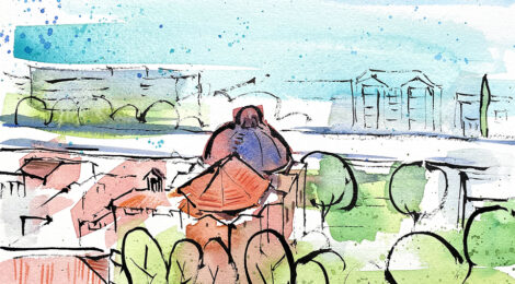 Aquarel·la amb una vista de l'església del Carme de Caldes d'Estrac.