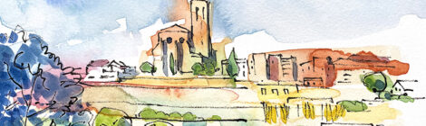 Aquarel·la amb una panoràmica de l'església de Santa Maria de Caldes de Montbui.