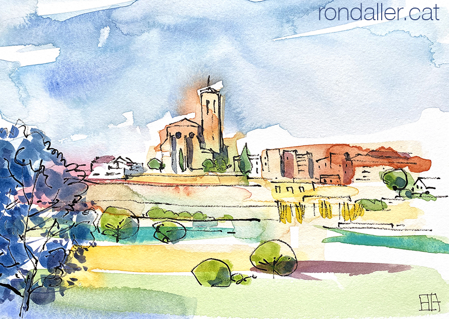 Aquarel·la amb una panoràmica de l'església de Santa Maria de Caldes de Montbui.