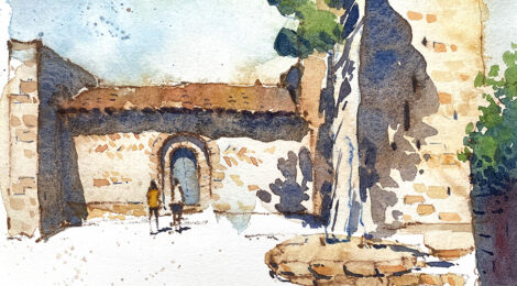 Aquarel·la amb una vista de la primitiva portalada romànica.