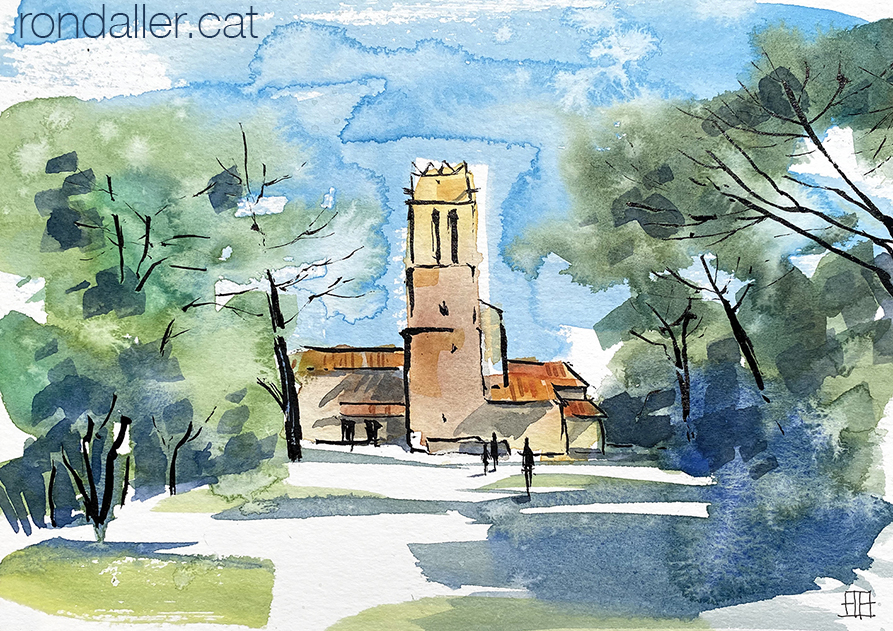 Aquarel·la amb una panoràmica de l'església de Sant Sadurní de Collsabadell.