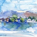 Aquarel·la amb una panoràmica del llac Maggiore i l'Isola Bella.